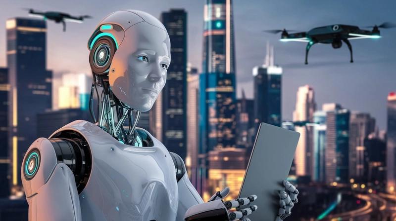 Humanoid robot using a tablet as drones fly over a modern city